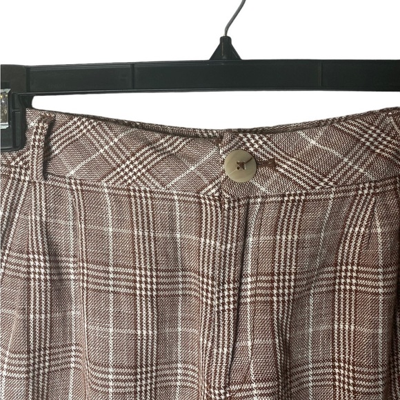 Maeve Pleated Plaid Brown High Rise Linen Wide Leg Trousers Pants - Picture 5 of 9
